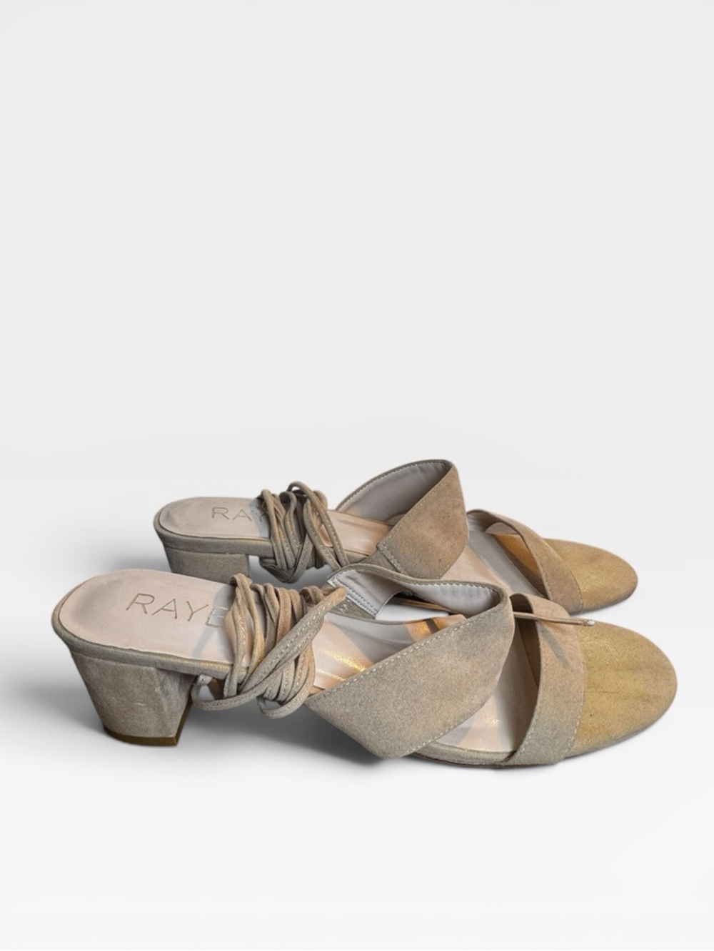 RAYE Revolve Tan Suede Lace Up Ankle Tie Wrap Block Heel Sandals Sz 8
